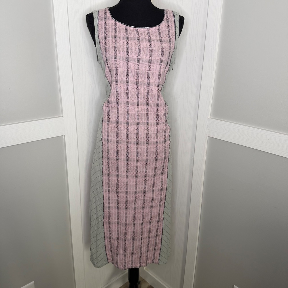 Aurelia Kurta Tunic Dress Women Large Pink Grey Cotton Geometric Pinstripe Slit